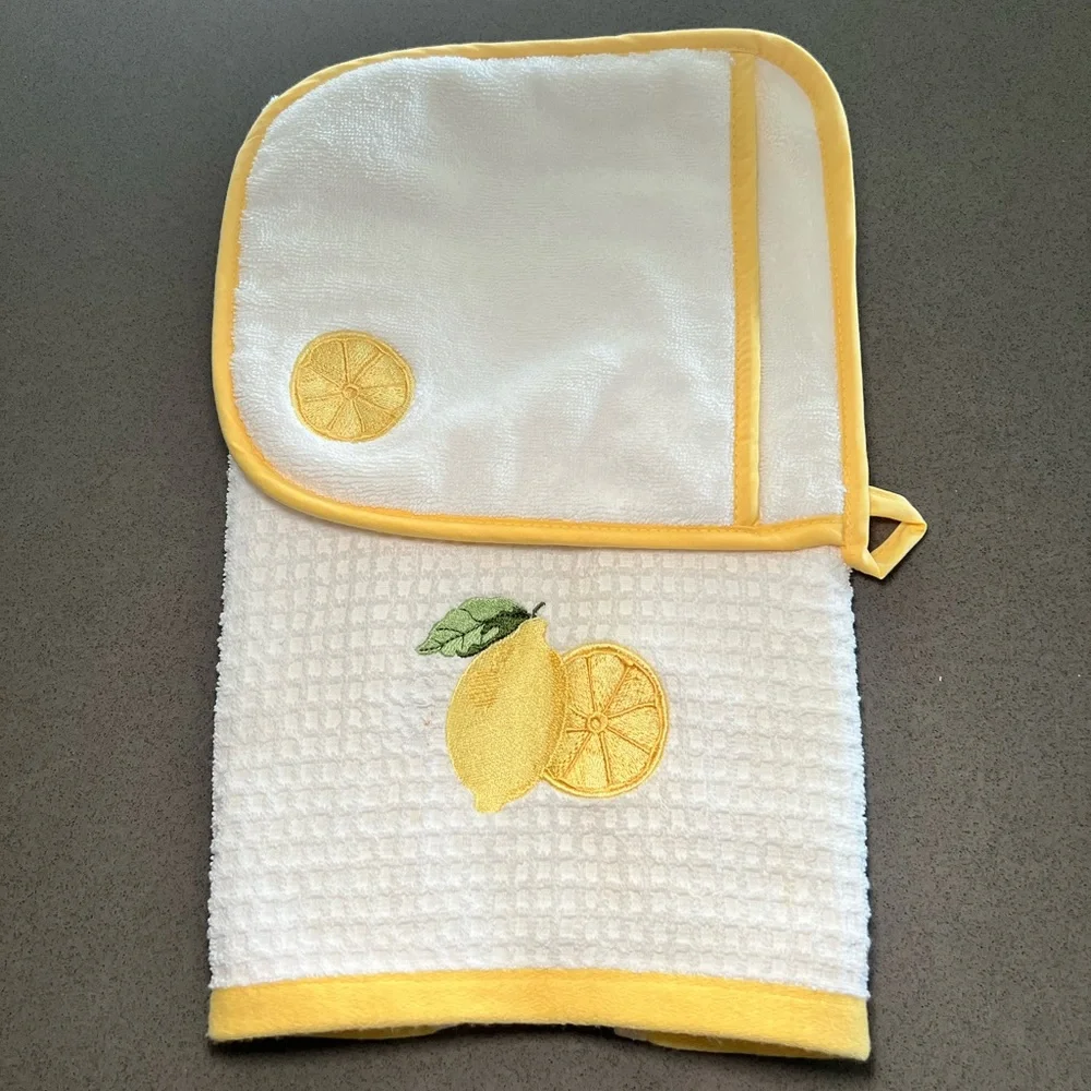 LA PATISSERIE Lemon Kitchen Towel Pot Holder Set Turkish Cotton Waffle White 2Pc